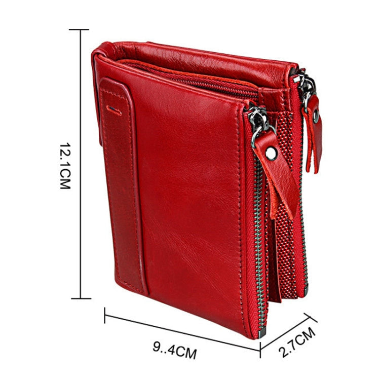 Genuine Cowhide Leather Crazy Horse Texture Dual Zipper Short Style Card Holder Wallet RFID Blocking Card Bag Protect Case for Men, Size: 12.1*9.4*2.7cm(Red)