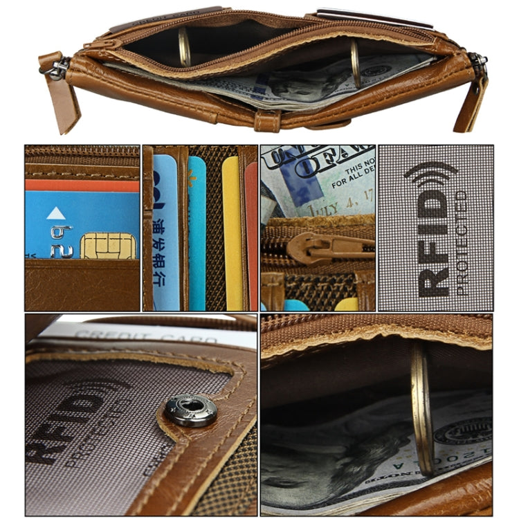 Genuine Cowhide Leather Crazy Horse Texture Dual Zipper Short Style Card Holder Wallet RFID Blocking Card Bag Protect Case for Men, Size: 12.1*9.4*2.7cm
