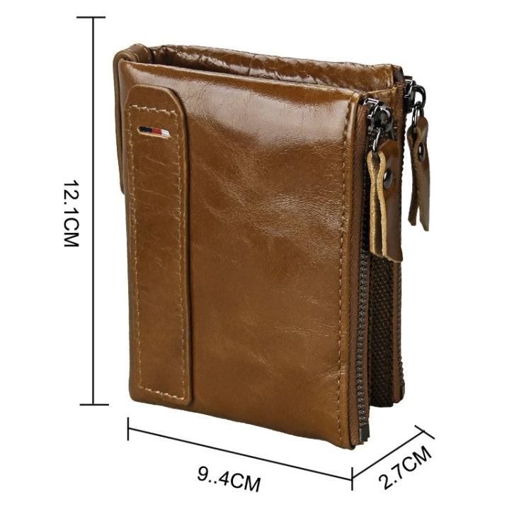Genuine Cowhide Leather Crazy Horse Texture Dual Zipper Short Style Card Holder Wallet RFID Blocking Card Bag Protect Case for Men, Size: 12.1*9.4*2.7cm