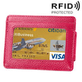 Cowhide Leather Solid Color Card Holder Wallet RFID Blocking Card Bag Protect Case with 3 Card Slots & Photo Frame, Size: 110*77*4mm(Magenta)