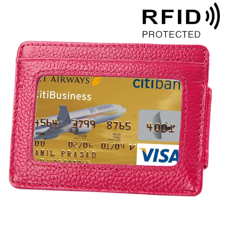 Cowhide Leather Solid Color Card Holder Wallet RFID Blocking Card Bag Protect Case with 3 Card Slots & Photo Frame, Size: 110*77*4mm(Magenta)