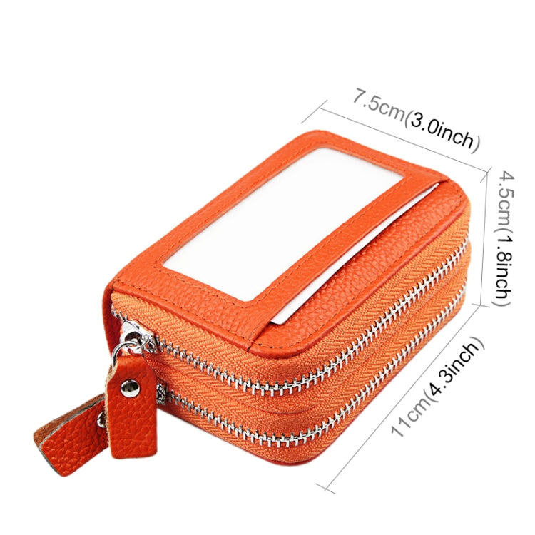 Genuine Cowhide Leather Dual Layer Solid Color Zipper Card Holder Wallet RFID Blocking Coin Purse Card Bag Protective Case with 11 Card Slots & Coin Position, Size: 11*7.5*4.5cm(Orange)
