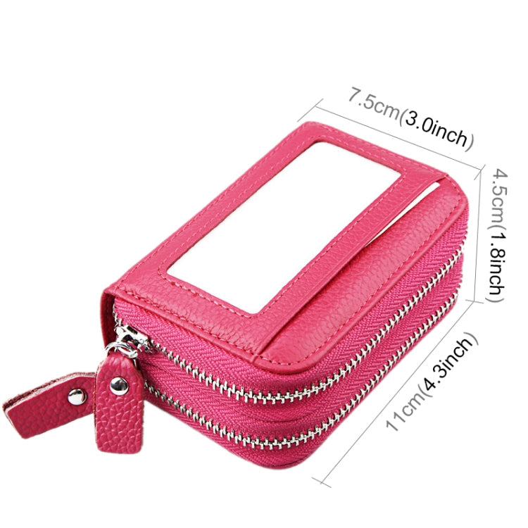 Genuine Cowhide Leather Dual Layer Solid Color Zipper Card Holder Wallet RFID Blocking Coin Purse Card Bag Protective Case with 11 Card Slots & Coin Position, Size: 11*7.5*4.5cm(Magenta)