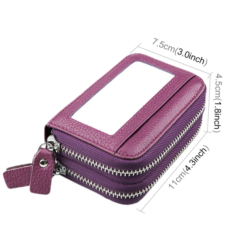 Genuine Cowhide Leather Dual Layer Solid Color Zipper Card Holder Wallet RFID Blocking Coin Purse Card Bag Protective Case with 11 Card Slots & Coin Position, Size: 11*7.5*4.5cm(Purple)