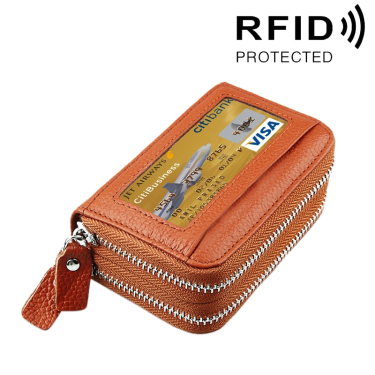 Genuine Cowhide Leather Dual Layer Solid Color Zipper Card Holder Wallet RFID Blocking Coin Purse Card Bag Protective Case with 11 Card Slots & Coin Position, Size: 11*7.5*4.5cm(Brown)