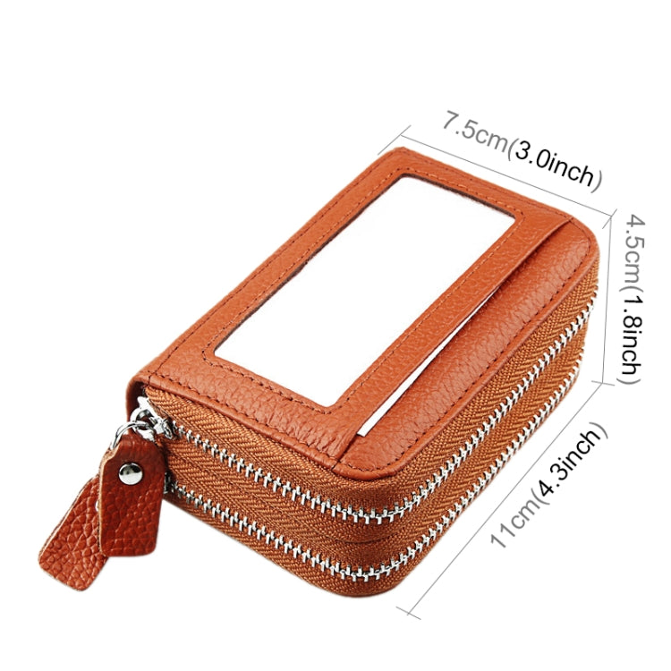 Genuine Cowhide Leather Dual Layer Solid Color Zipper Card Holder Wallet RFID Blocking Coin Purse Card Bag Protective Case with 11 Card Slots & Coin Position, Size: 11*7.5*4.5cm(Brown)
