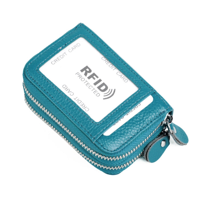 Genuine Leather Dual Layer Zipper Card Holder Wallet RFID Blocking Purse, Size: 10.5x7.0x4.0cm(Lake Blue)