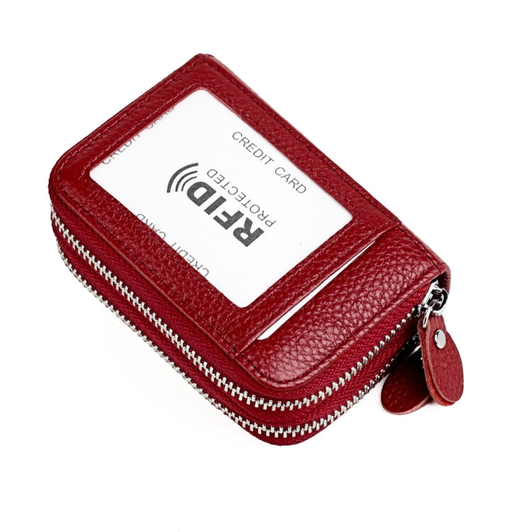 Genuine Leather Dual Layer Zipper Card Holder Wallet RFID Blocking Purse, Size: 10.5x7.0x4.0cm(Wine Red)