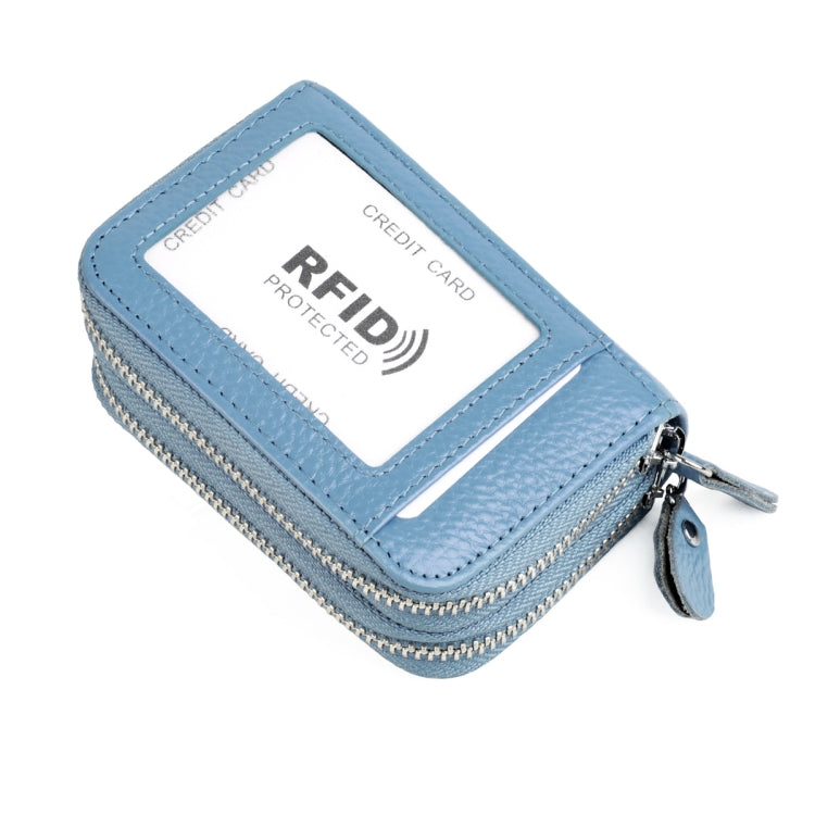 Genuine Leather Dual Layer Zipper Card Holder Wallet RFID Blocking Purse, Size: 10.5x7.0x4.0cm(Light Blue)