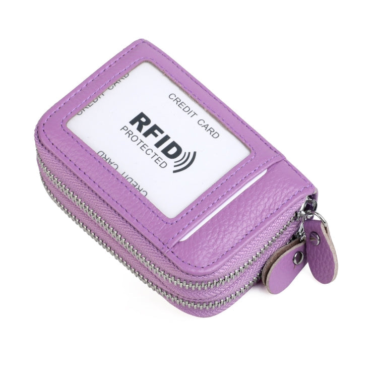 Genuine Leather Dual Layer Zipper Card Holder Wallet RFID Blocking Purse, Size: 10.5x7.0x4.0cm(Light Purple)
