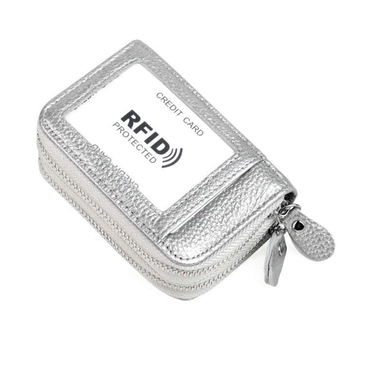 Genuine Leather Dual Layer Zipper Card Holder Wallet RFID Blocking Purse, Size: 10.5x7.0x4.0cm(Silver)