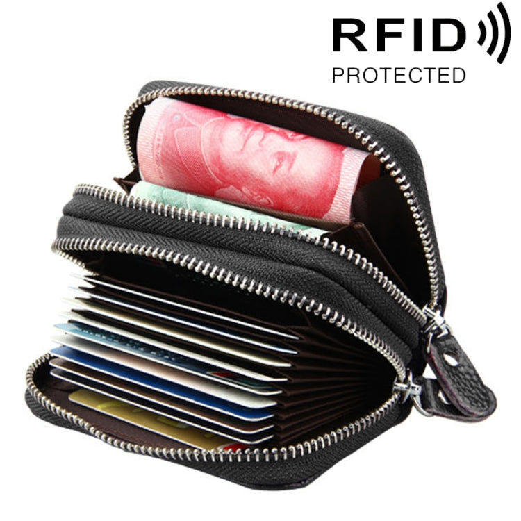 Genuine Leather Dual Layer Zipper Card Holder Wallet RFID Blocking Purse, Size: 10.5x7.0x4.0cm(Coffee)