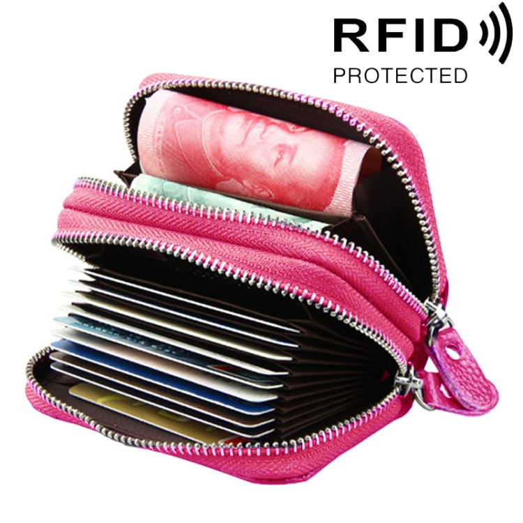 Genuine Leather Dual Layer Zipper Card Holder Wallet RFID Blocking Purse, Size: 10.5x7.0x4.0cm(Magenta)