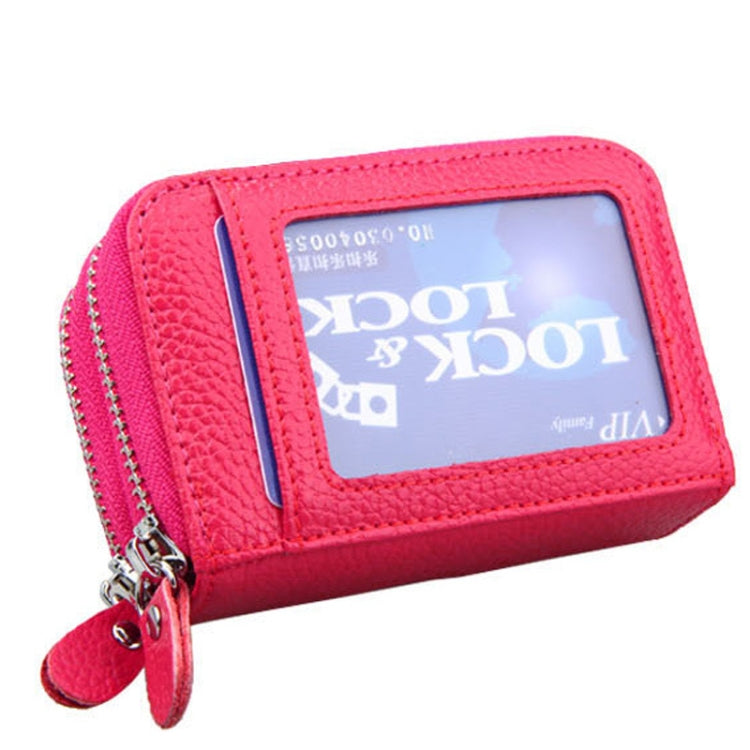 Genuine Leather Dual Layer Zipper Card Holder Wallet RFID Blocking Purse, Size: 10.5x7.0x4.0cm(Magenta)