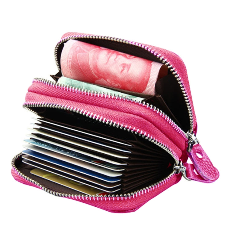 Genuine Leather Dual Layer Zipper Card Holder Wallet RFID Blocking Purse, Size: 10.5x7.0x4.0cm(Magenta)