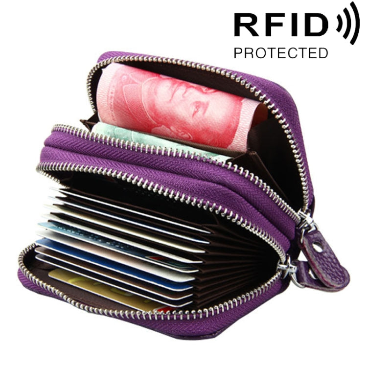 Genuine Leather Dual Layer Zipper Card Holder Wallet RFID Blocking Purse, Size: 10.5x7.0x4.0cm(Purple)