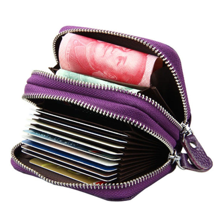 Genuine Leather Dual Layer Zipper Card Holder Wallet RFID Blocking Purse, Size: 10.5x7.0x4.0cm(Purple)