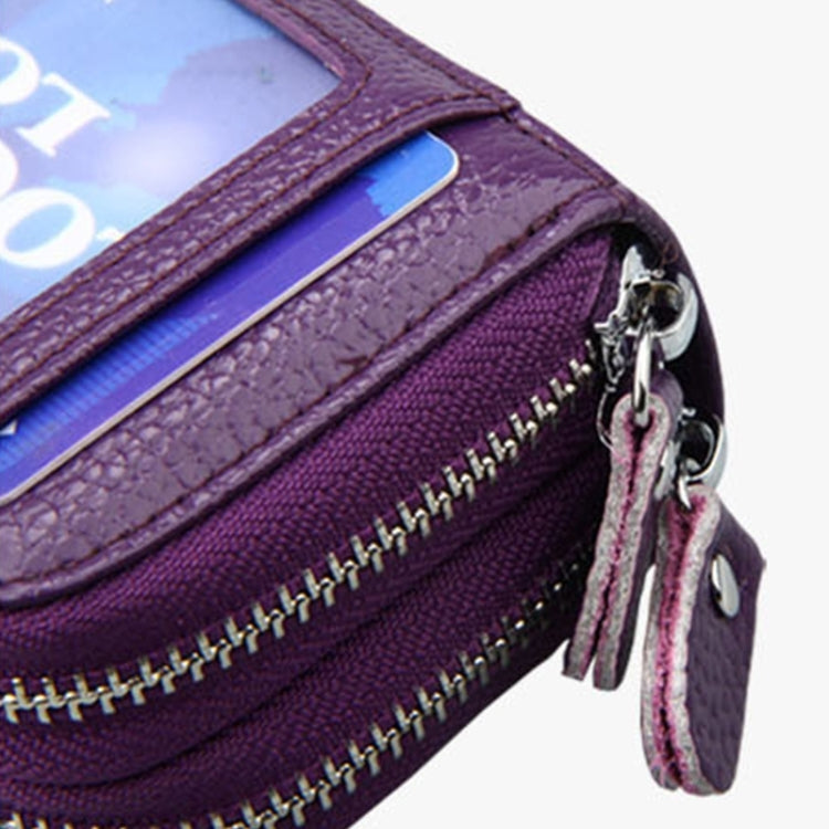 Genuine Leather Dual Layer Zipper Card Holder Wallet RFID Blocking Purse, Size: 10.5x7.0x4.0cm(Lotus Purple)