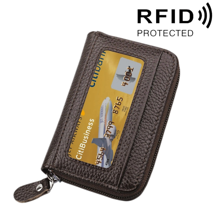 Genuine Cowhide Leather Solid Color Zipper Horizontal Card Holder Wallet RFID Blocking Card Bag Protect Case with 12 Card Slots, Size: 11.5*7.5cm(Coffee)