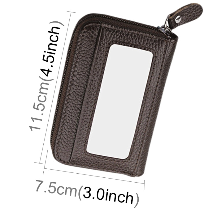 Genuine Cowhide Leather Solid Color Zipper Horizontal Card Holder Wallet RFID Blocking Card Bag Protect Case with 12 Card Slots, Size: 11.5*7.5cm(Coffee)