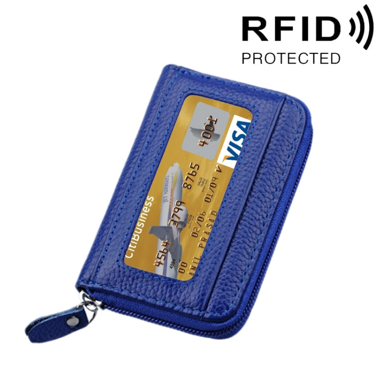 Genuine Cowhide Leather Solid Color Zipper Horizontal Card Holder Wallet RFID Blocking Card Bag Protect Case with 12 Card Slots, Size: 11.5*7.5cm(Blue)