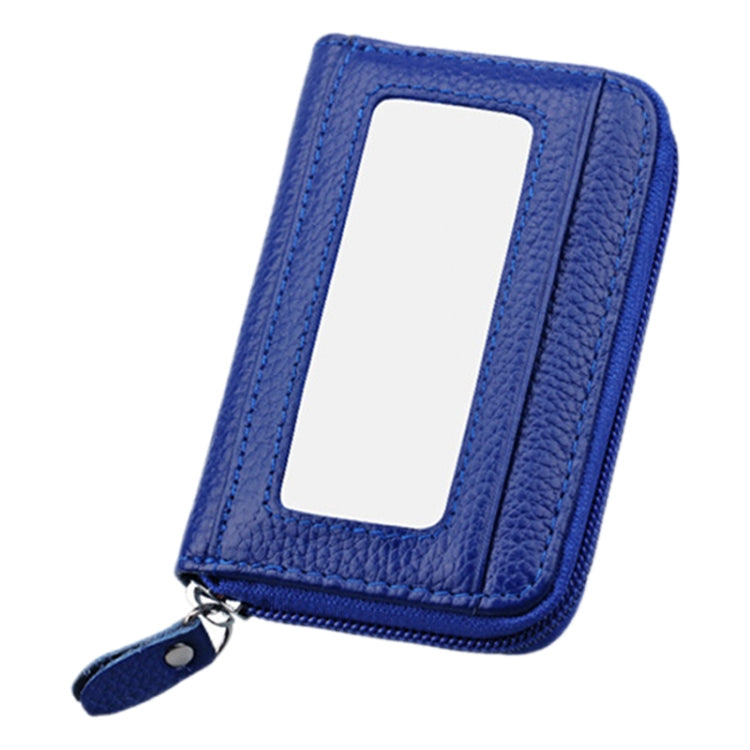 Genuine Cowhide Leather Solid Color Zipper Horizontal Card Holder Wallet RFID Blocking Card Bag Protect Case with 12 Card Slots, Size: 11.5*7.5cm(Blue)