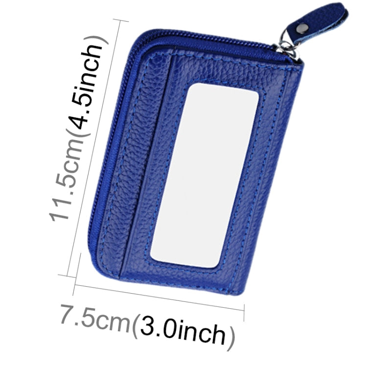 Genuine Cowhide Leather Solid Color Zipper Horizontal Card Holder Wallet RFID Blocking Card Bag Protect Case with 12 Card Slots, Size: 11.5*7.5cm(Blue)
