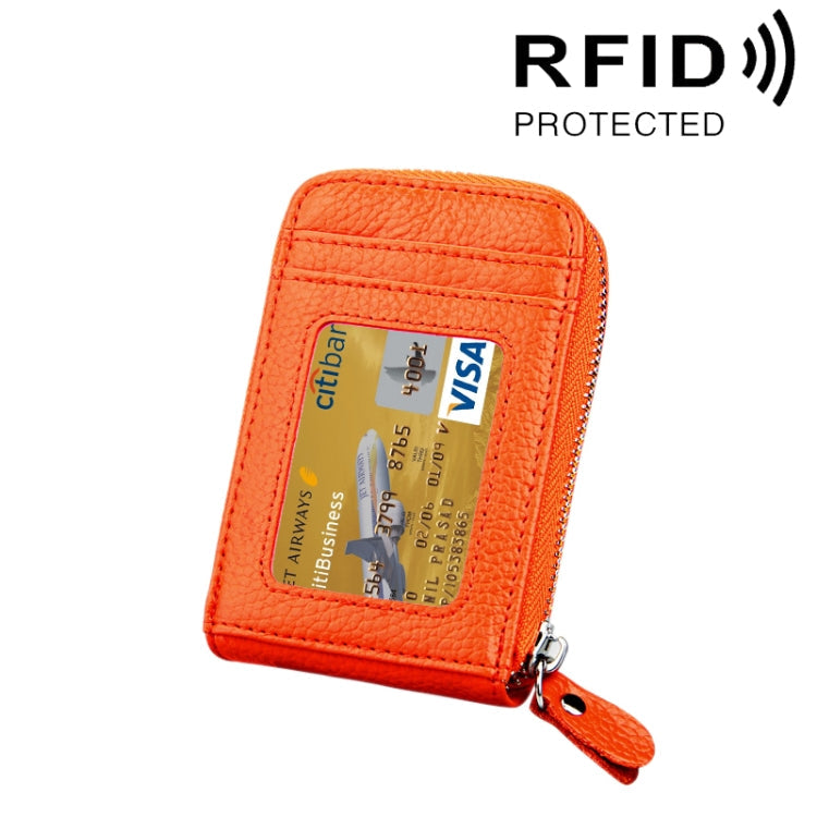 Genuine Cowhide Leather Solid Color Zipper Vertical Card Holder Wallet RFID Blocking Card Bag Protect Case with 12 Card Slots, Size: 11.5*7.5cm(Orange)