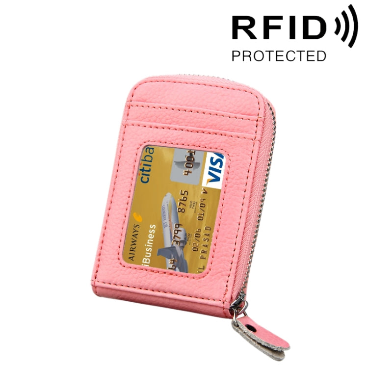 Genuine Cowhide Leather Solid Color Zipper Vertical Card Holder Wallet RFID Blocking Card Bag Protect Case with 12 Card Slots, Size: 11.5*7.5cm(Pink)