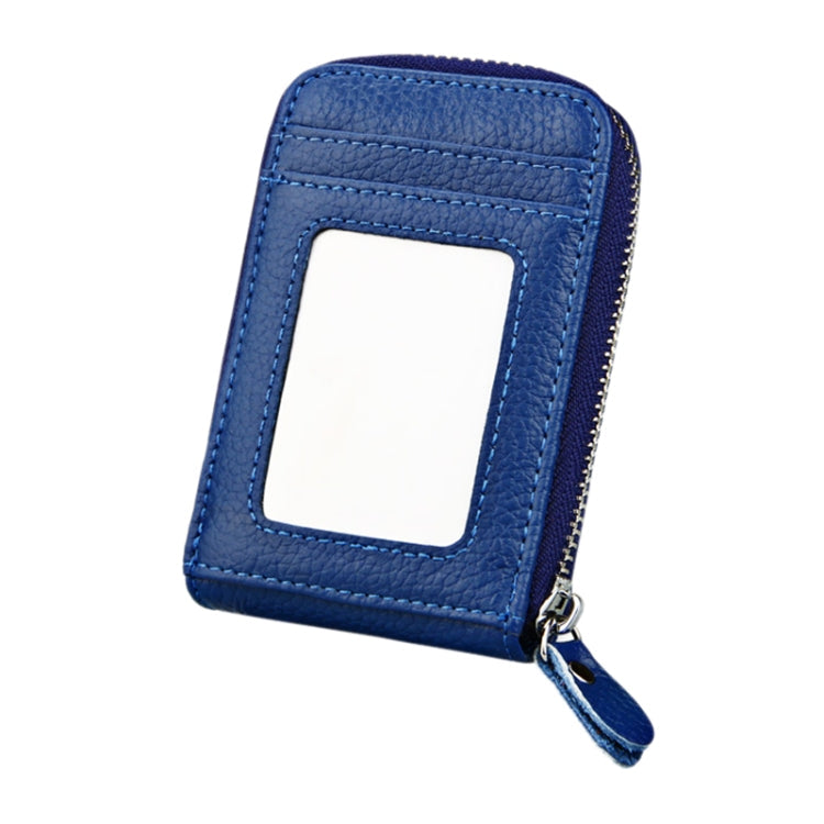Genuine Cowhide Leather Solid Color Zipper Vertical Card Holder Wallet RFID Blocking Card Bag Protect Case with 12 Card Slots, Size: 11.5*7.5cm(Blue)