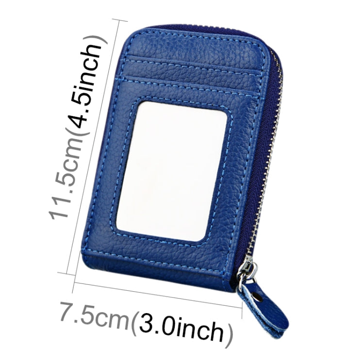 Genuine Cowhide Leather Solid Color Zipper Vertical Card Holder Wallet RFID Blocking Card Bag Protect Case with 12 Card Slots, Size: 11.5*7.5cm(Blue)