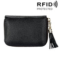 Genuine Cowhide Leather Solid Color Zipper Card Holder Wallet RFID Blocking Card Bag Protect Case Coin Purse with Tassel Pendant & 15 Card Slots for Women, Size: 11.1*7.6*3.5cm(Black)
