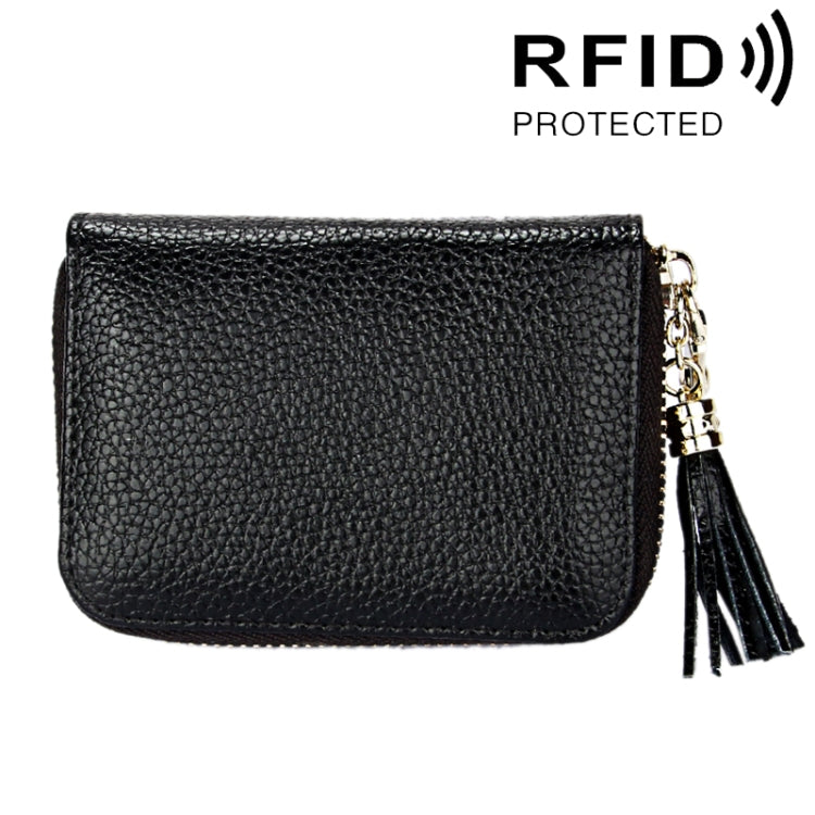 Genuine Cowhide Leather Solid Color Zipper Card Holder Wallet RFID Blocking Card Bag Protect Case Coin Purse with Tassel Pendant & 15 Card Slots for Women, Size: 11.1*7.6*3.5cm(Black)