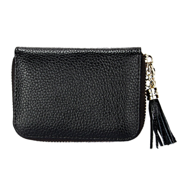 Genuine Cowhide Leather Solid Color Zipper Card Holder Wallet RFID Blocking Card Bag Protect Case Coin Purse with Tassel Pendant & 15 Card Slots for Women, Size: 11.1*7.6*3.5cm(Black)