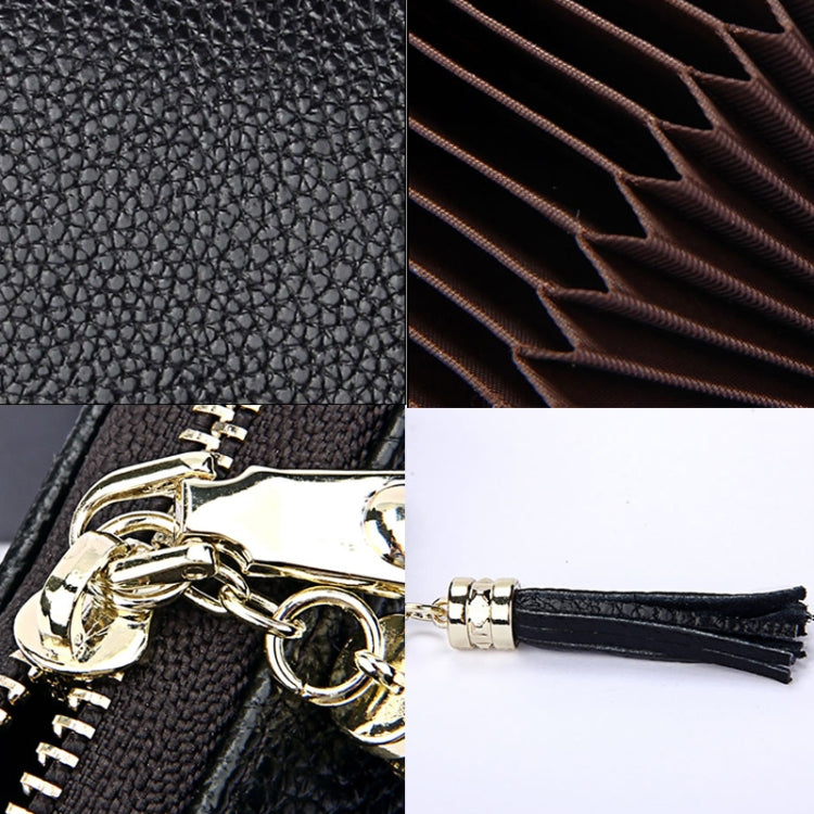Genuine Cowhide Leather Solid Color Zipper Card Holder Wallet RFID Blocking Card Bag Protect Case Coin Purse with Tassel Pendant & 15 Card Slots for Women, Size: 11.1*7.6*3.5cm(Black)