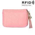 Genuine Cowhide Leather Solid Color Zipper Card Holder Wallet RFID Blocking Card Bag Protect Case Coin Purse with Tassel Pendant & 15 Card Slots for Women, Size: 11.1*7.6*3.5cm(Pink)