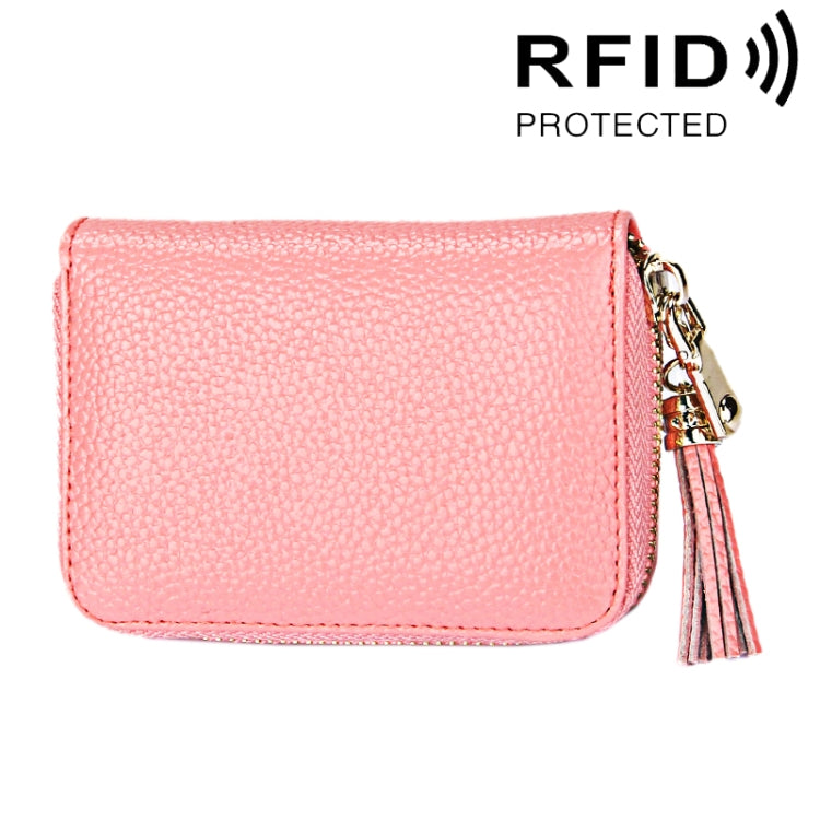 Genuine Cowhide Leather Solid Color Zipper Card Holder Wallet RFID Blocking Card Bag Protect Case Coin Purse with Tassel Pendant & 15 Card Slots for Women, Size: 11.1*7.6*3.5cm(Pink)