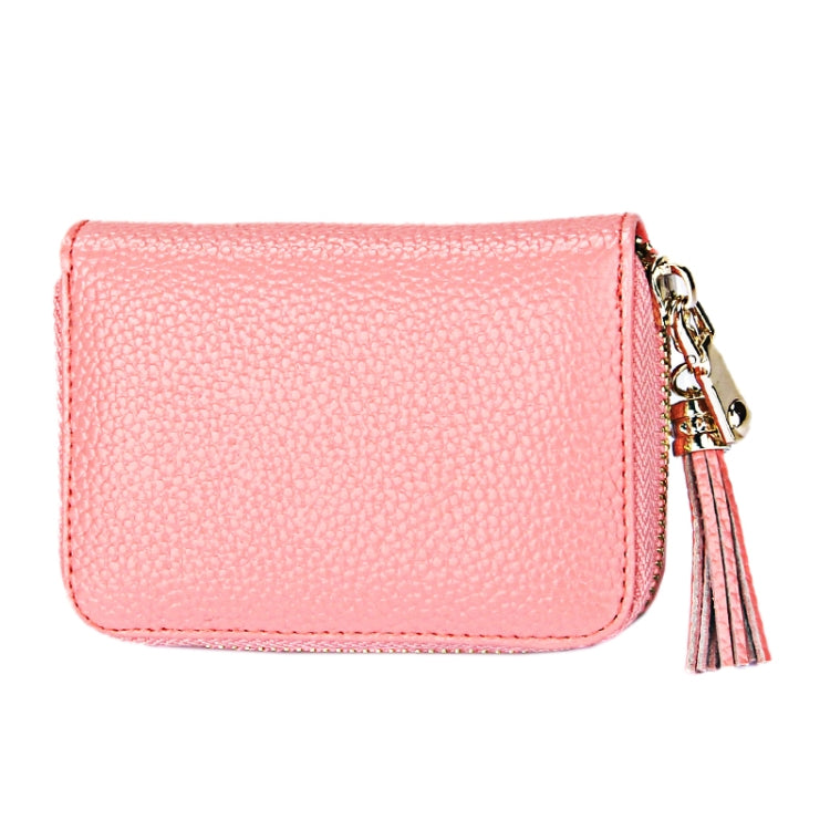 Genuine Cowhide Leather Solid Color Zipper Card Holder Wallet RFID Blocking Card Bag Protect Case Coin Purse with Tassel Pendant & 15 Card Slots for Women, Size: 11.1*7.6*3.5cm(Pink)