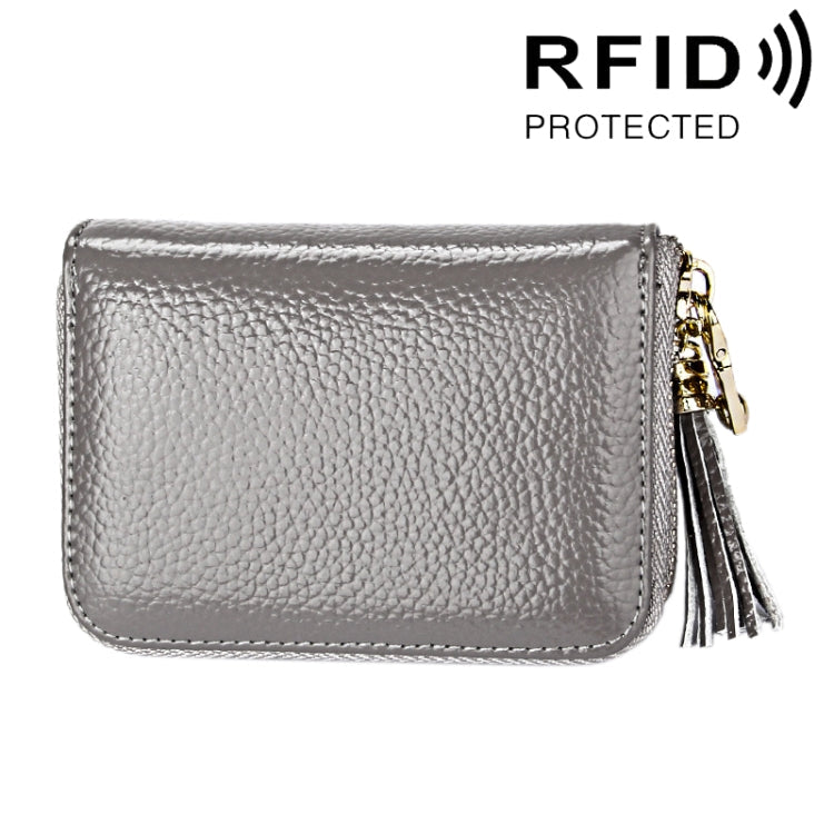 Genuine Cowhide Leather Solid Color Zipper Card Holder Wallet RFID Blocking Card Bag Protect Case Coin Purse with Tassel Pendant & 15 Card Slots for Women, Size: 11.1*7.6*3.5cm(Grey)