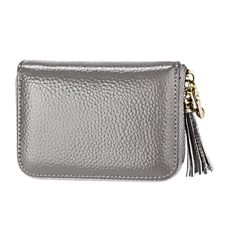 Genuine Cowhide Leather Solid Color Zipper Card Holder Wallet RFID Blocking Card Bag Protect Case Coin Purse with Tassel Pendant & 15 Card Slots for Women, Size: 11.1*7.6*3.5cm(Grey)