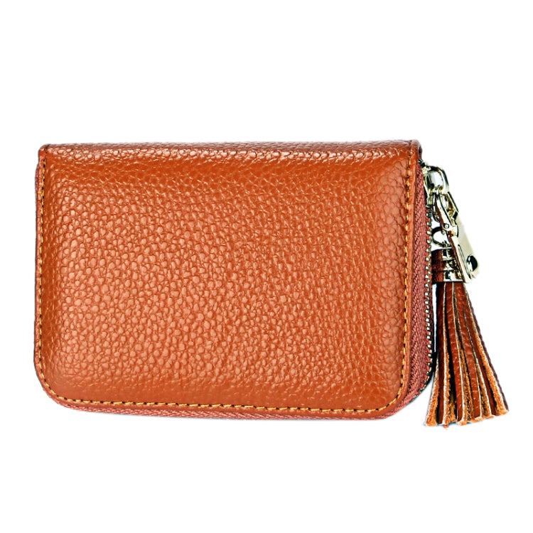 Genuine Cowhide Leather Solid Color Zipper Card Holder Wallet RFID Blocking Card Bag Protect Case Coin Purse with Tassel Pendant & 15 Card Slots for Women, Size: 11.1*7.6*3.5cm(Brown)