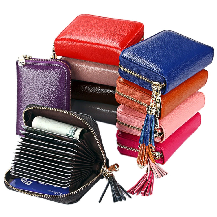 Genuine Cowhide Leather Solid Color Zipper Card Holder Wallet RFID Blocking Card Bag Protect Case Coin Purse with Tassel Pendant & 15 Card Slots for Women, Size: 11.1*7.6*3.5cm(Black)