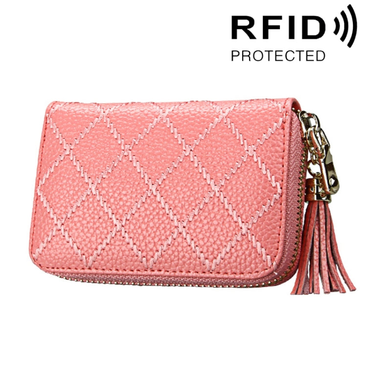 Genuine Cowhide Leather Grid Texture Zipper Card Holder Wallet RFID Blocking Card Bag Protect Case Coin Purse with Tassel Pendant & 15 Card Slots for Women, Size: 11.1*7.9*3.5cm(Pink)