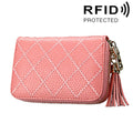 Genuine Cowhide Leather Grid Texture Zipper Card Holder Wallet RFID Blocking Card Bag Protect Case Coin Purse with Tassel Pendant & 15 Card Slots for Women, Size: 11.1*7.9*3.5cm(Pink)