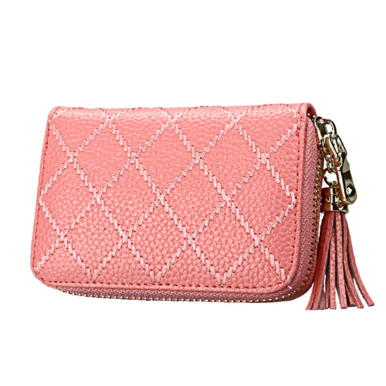 Genuine Cowhide Leather Grid Texture Zipper Card Holder Wallet RFID Blocking Card Bag Protect Case Coin Purse with Tassel Pendant & 15 Card Slots for Women, Size: 11.1*7.9*3.5cm(Pink)