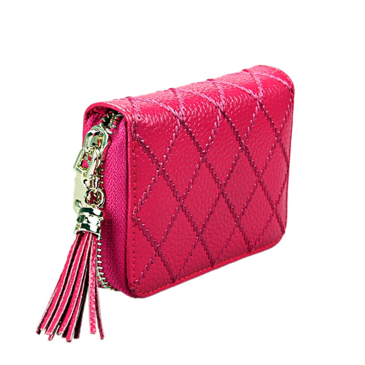 Genuine Cowhide Leather Grid Texture Zipper Card Holder Wallet RFID Blocking Card Bag Protect Case Coin Purse with Tassel Pendant & 15 Card Slots for Women, Size: 11.1*7.9*3.5cm(Pink)