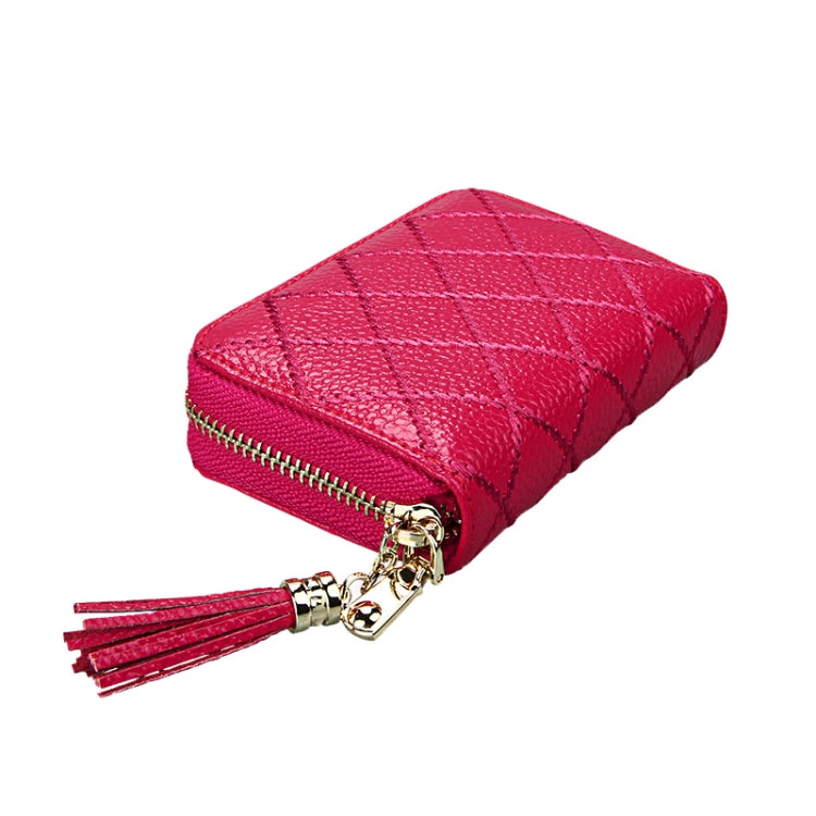 Genuine Cowhide Leather Grid Texture Zipper Card Holder Wallet RFID Blocking Card Bag Protect Case Coin Purse with Tassel Pendant & 15 Card Slots for Women, Size: 11.1*7.9*3.5cm(Pink)