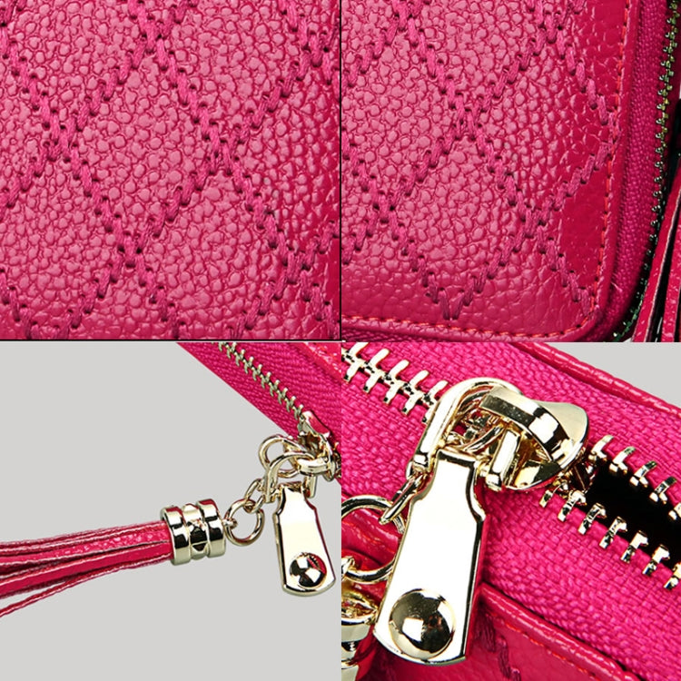 Genuine Cowhide Leather Grid Texture Zipper Card Holder Wallet RFID Blocking Card Bag Protect Case Coin Purse with Tassel Pendant & 15 Card Slots for Women, Size: 11.1*7.9*3.5cm(Pink)