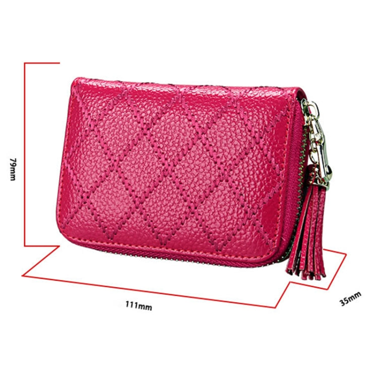 Genuine Cowhide Leather Grid Texture Zipper Card Holder Wallet RFID Blocking Card Bag Protect Case Coin Purse with Tassel Pendant & 15 Card Slots for Women, Size: 11.1*7.9*3.5cm(Pink)