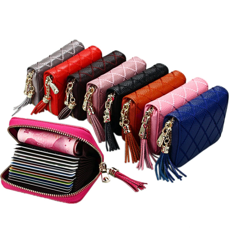 Genuine Cowhide Leather Grid Texture Zipper Card Holder Wallet RFID Blocking Card Bag Protect Case Coin Purse with Tassel Pendant & 15 Card Slots for Women, Size: 11.1*7.9*3.5cm(Pink)